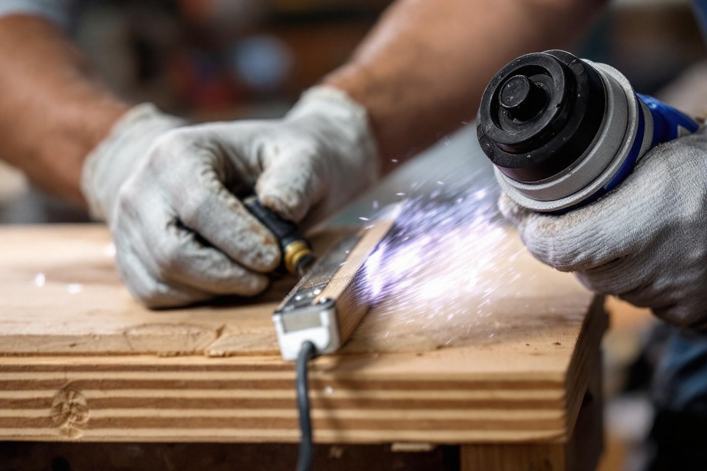 Outil &eacute;lectrique en action sur une planche de bois
