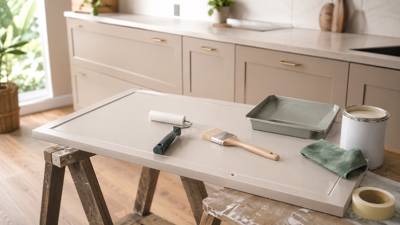Meuble de cuisine en mélaminé rénové sans ponçage avec primaire d’accrochage, rouleau laqueur et finition lisse sans écaillage