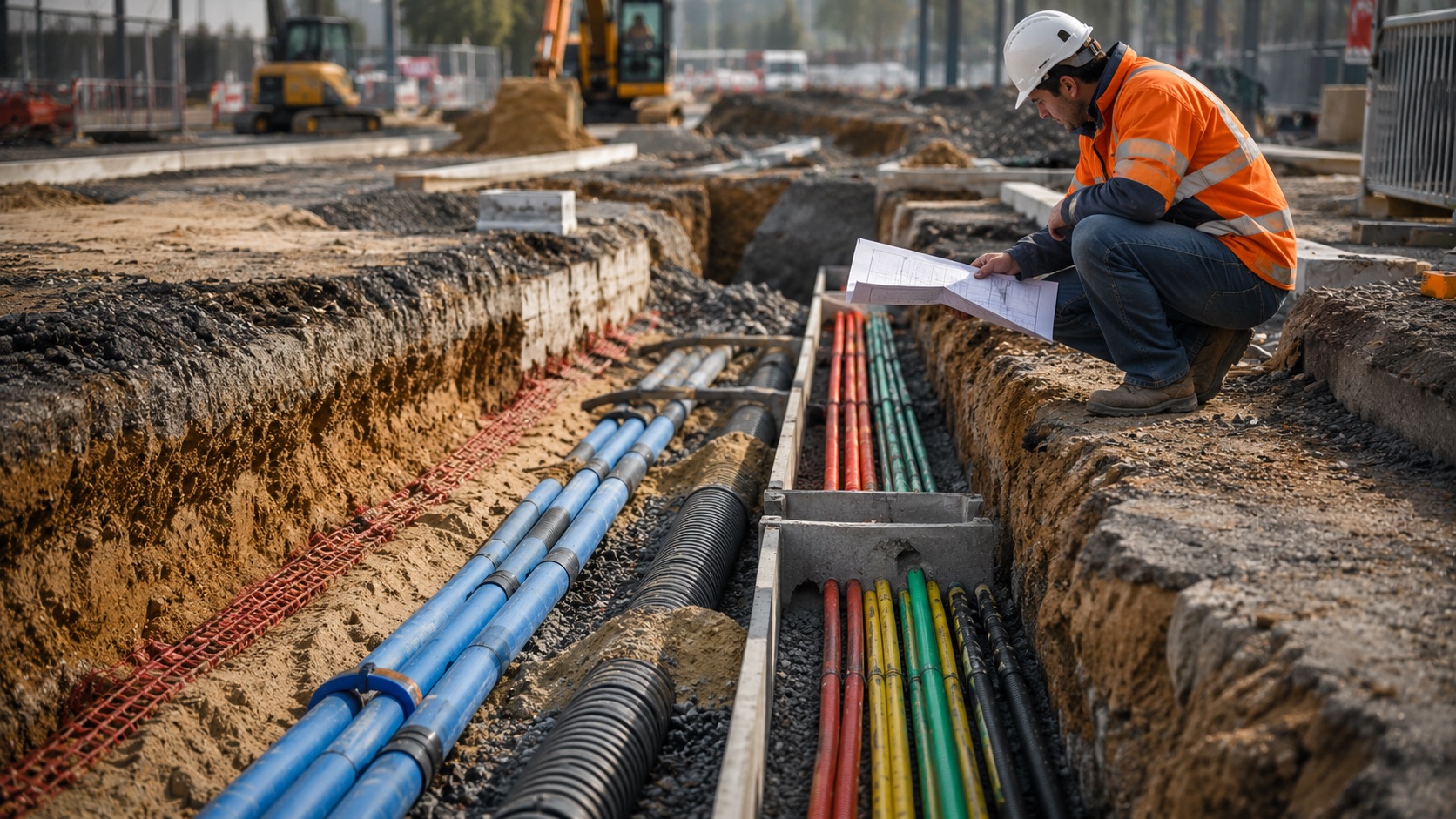 Détail d’une tranchée VRD montrant les réseaux techniques enterrés pour la viabilisation d’un terrain constructible