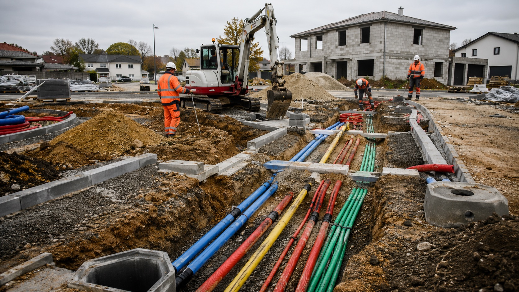 Chantier VRD avec tranchées techniques, réseaux enterrés et travaux de voirie sur un terrain en construction