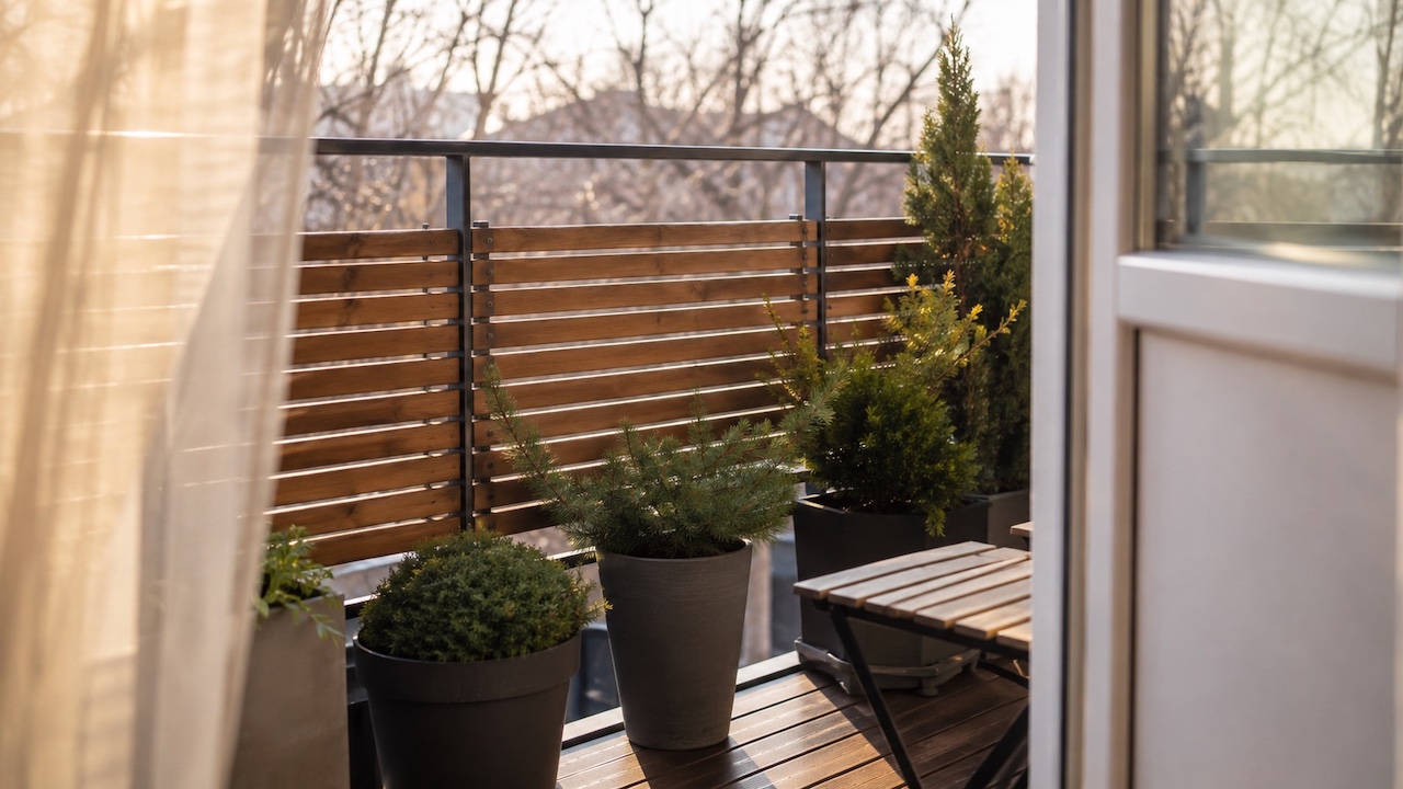 cacher-balcon-brise-vue-panneau-bois Balcon d'appartement équipé d'un brise-vue en lames de bois et de plantes en bac