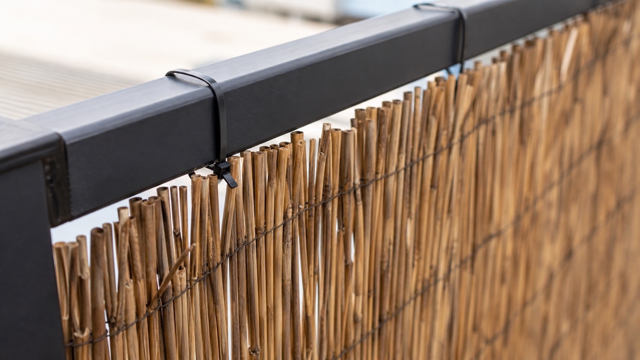 Fixation d'une canisse sur une rambarde de balcon avec des colliers de serrage